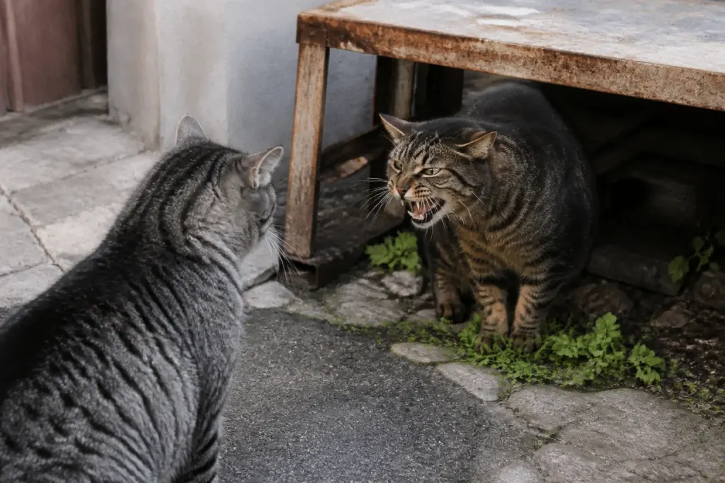 Deux chats face à face, l'un feulement, l'autre stressé