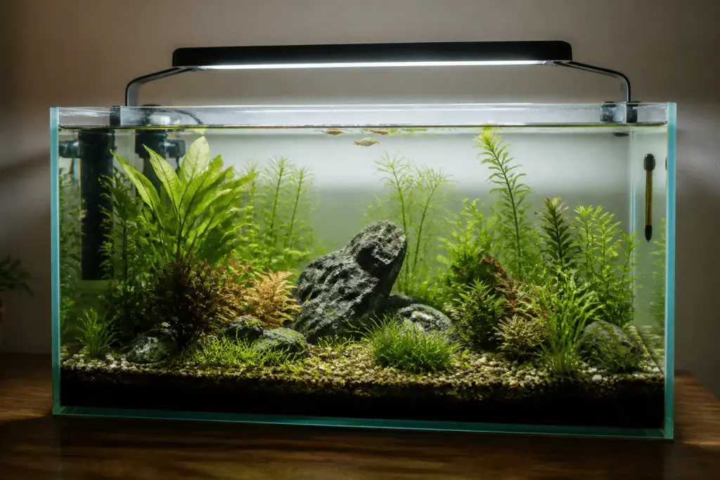 Aquarium eclaire avec eau claire et plantes aquatiques saines
