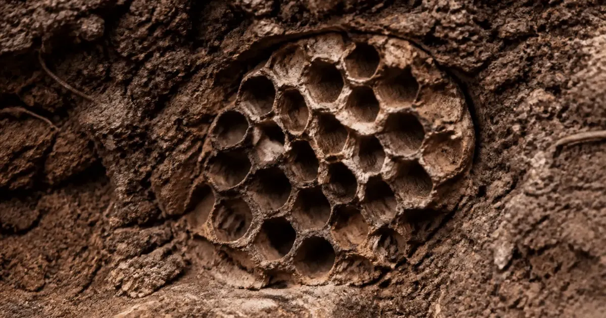 Ruche souterraine avec alvéoles géométriques enfoncées dans terre brune