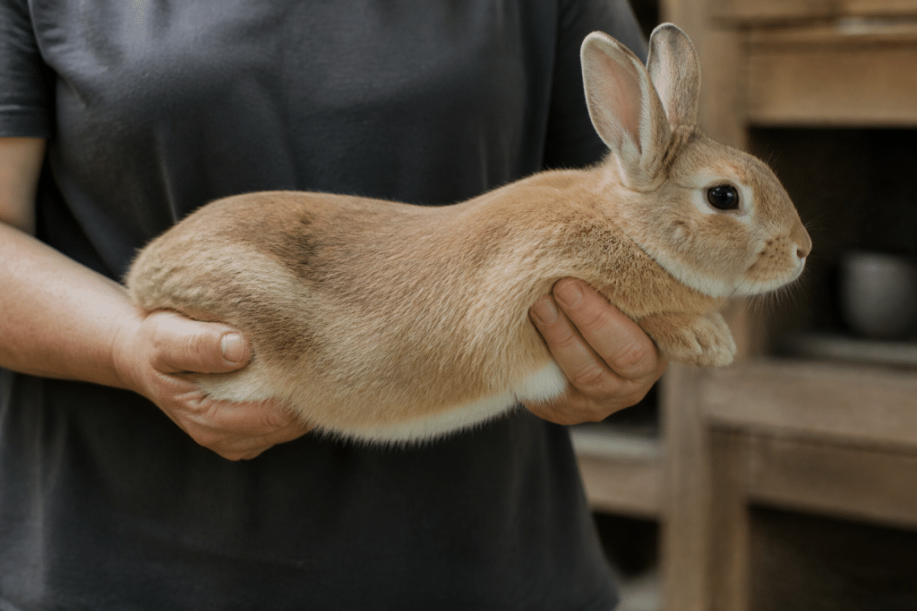 Mains soutenant lapin sous poitrail et arrière-train fermement