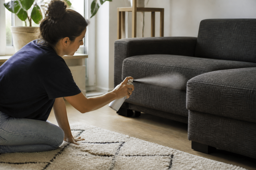 Spray insecticide pulverise dans salon infeste de puces