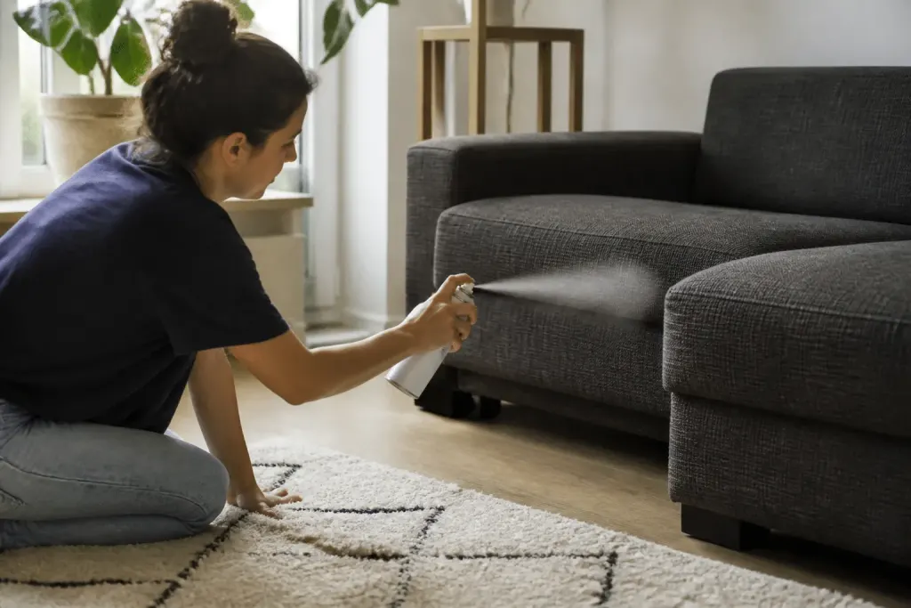 Spray insecticide pulverise dans salon infeste de puces