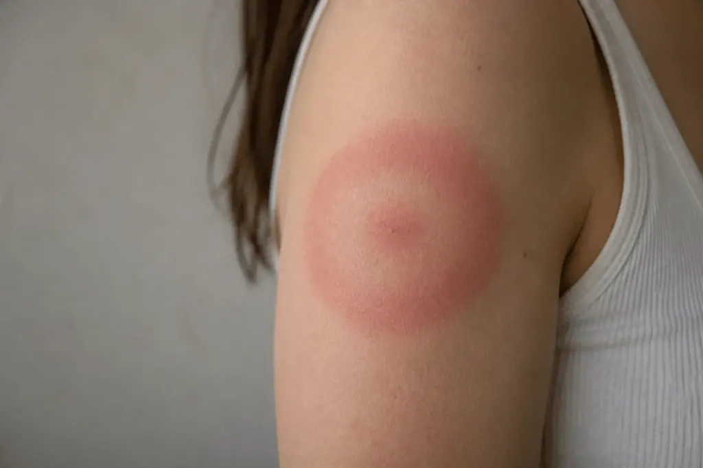 Peau enflammée avec cercle rouge s'étendant après piqûre