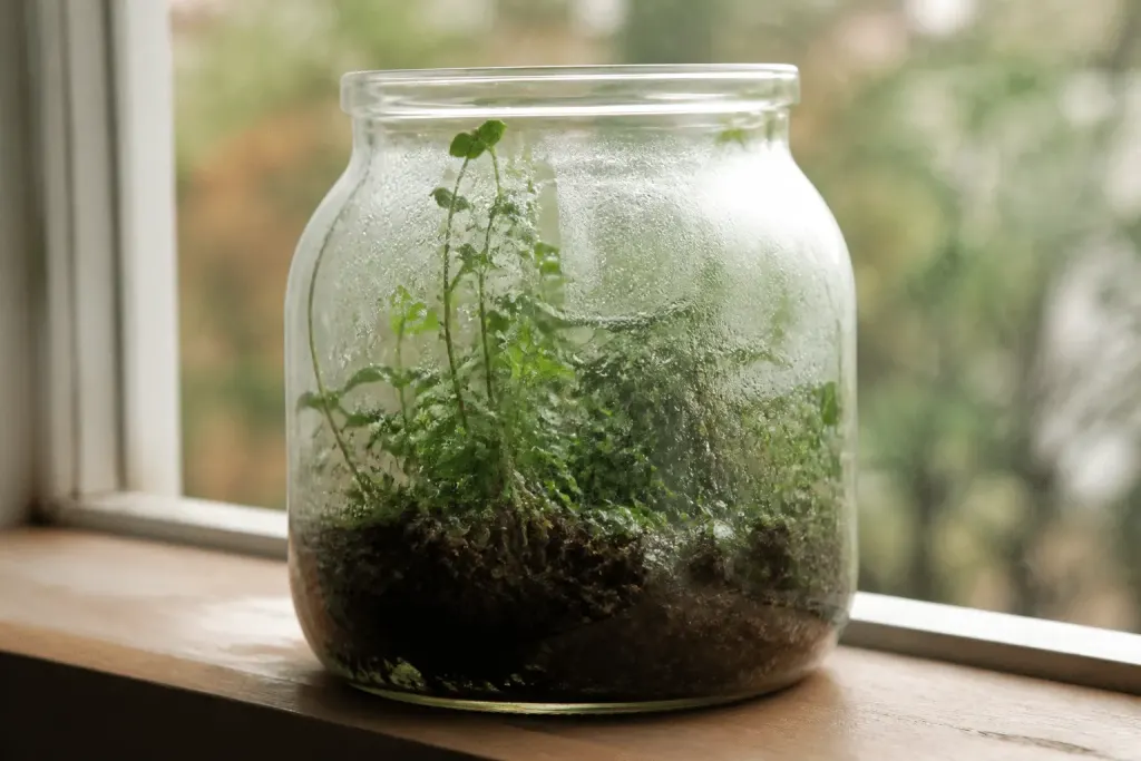 Bocal en verre contenant plantes vertes et condensation sur les parois