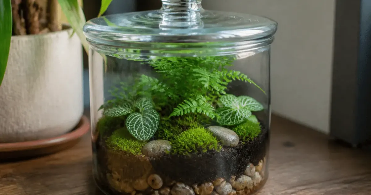 Plantes vertes et pierres disposees dans bocal transparent ferme
