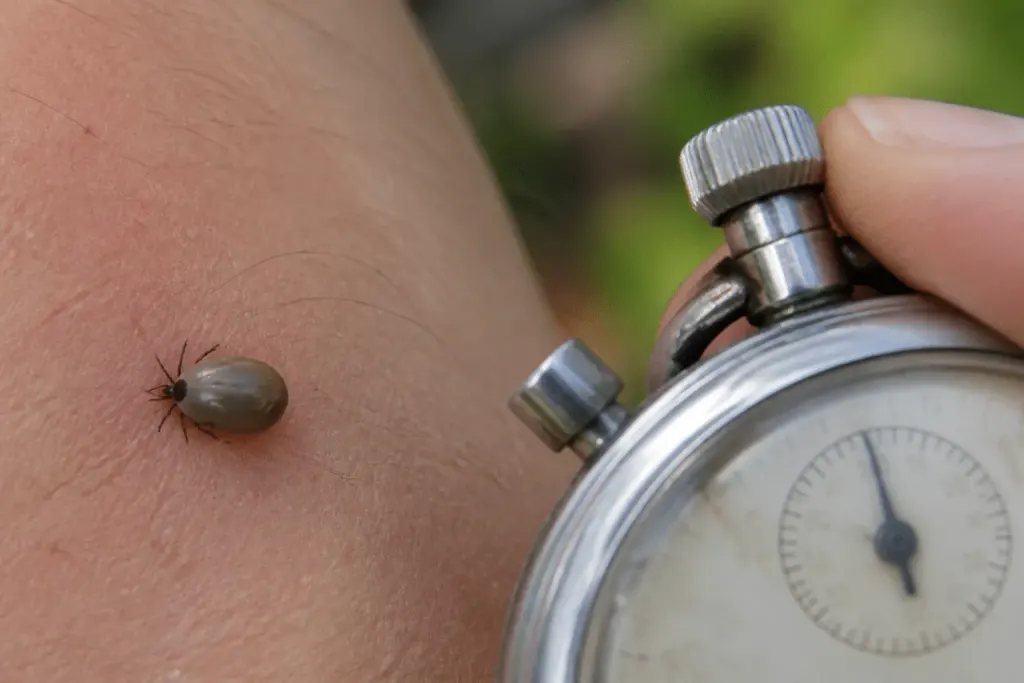 Tique gonflée sur peau humaine avec chronometre