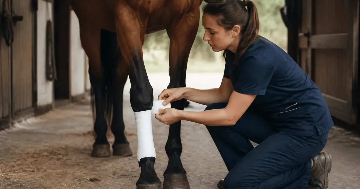 Veterinaire appliquant bandage blanc sur jambe avant cheval debout