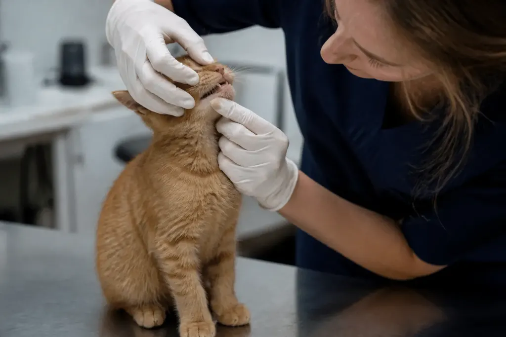 Veterinaire examine les dents d'un chaton roux assis