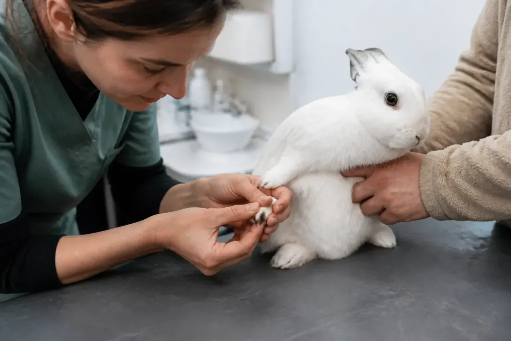 Veterinaire examine griffes noires lapin blanc assis