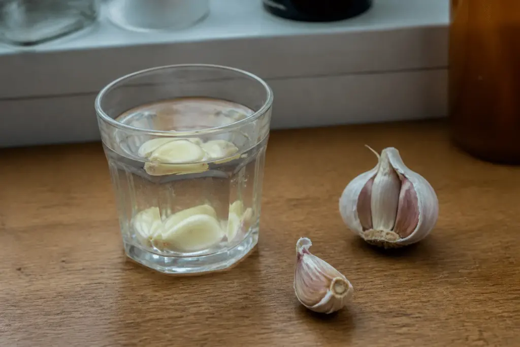 Verre d'eau avec vinaigre cidre et gousses ail frais