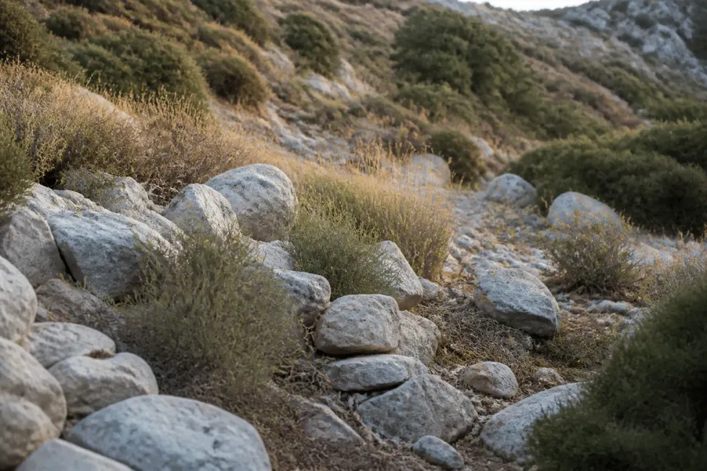 Paysage rocheux méditerranéen avec végétation sèche et pierres